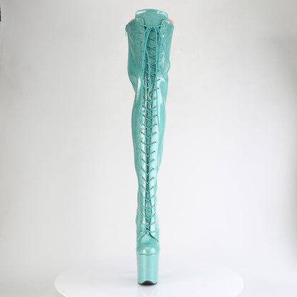 FLAMINGO-3020GP Pleaser Aqua Glitter 8 Inch Platform Pole Thigh Length Boots