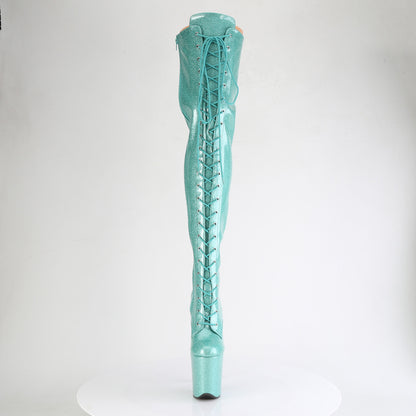 Pleaser FLAMINGO-3020GP Aqua Glitter Lace-Up Platform Thigh High Boots - 8 Inch Heels