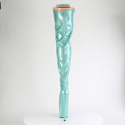 FLAMINGO-3020GP Pleaser Aqua Glitter 8 Inch Platform Pole Thigh Length Boots