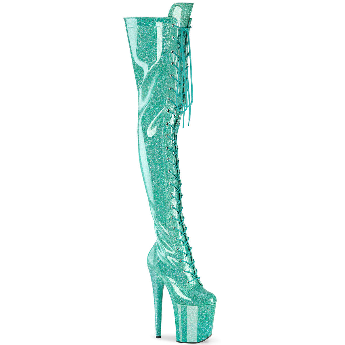 FLAMINGO-3020GP Pleaser Aqua Glitter 8 Inch Platform Pole Thigh Length Boots Aqua Glitter Pat M