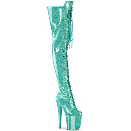 FLAMINGO-3020GP Pleaser Aqua Glitter 8 Inch Platform Pole Thigh Length Boots Aqua Glitter Pat M