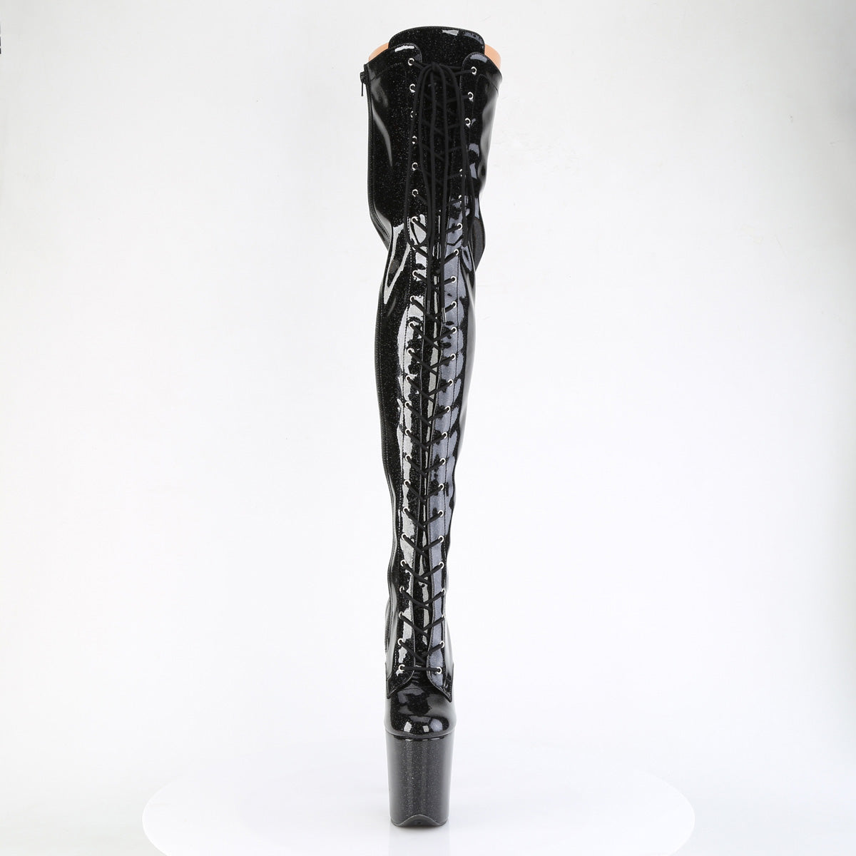 Pleaser FLAMINGO-3020GP Black Glitter Lace-Up Platform Thigh High Boots - 8 Inch Heels