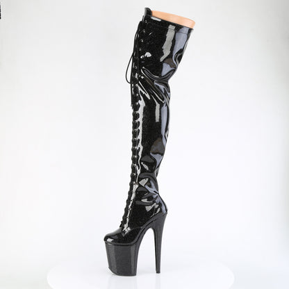 Pleaser FLAMINGO-3020GP Black Glitter Lace-Up Platform Thigh High Boots - 8 Inch Heels