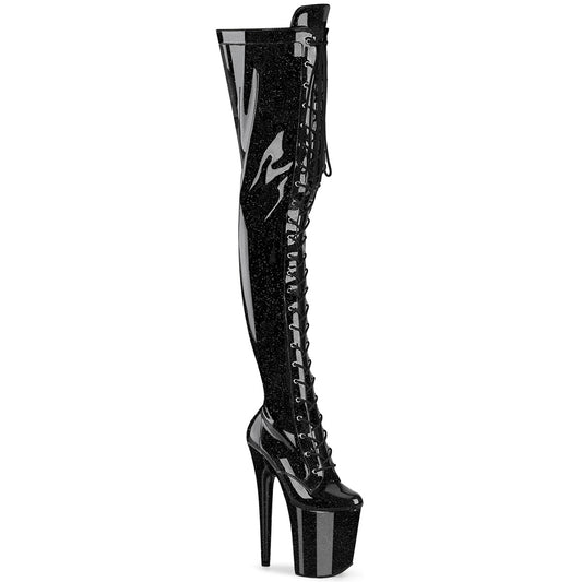 Pleaser FLAMINGO-3020GP Black Glitter Lace-Up Platform Thigh High Boots - 8 Inch Heels