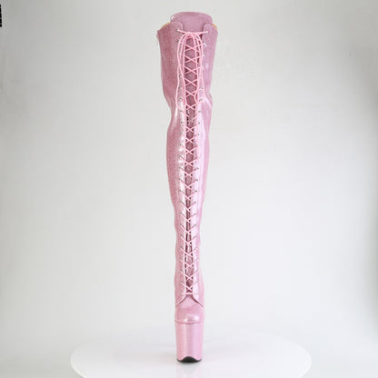 Pleaser FLAMINGO-3020GP Baby Pink Glitter Lace-Up Platform Thigh High Boots - 8 Inch Heels