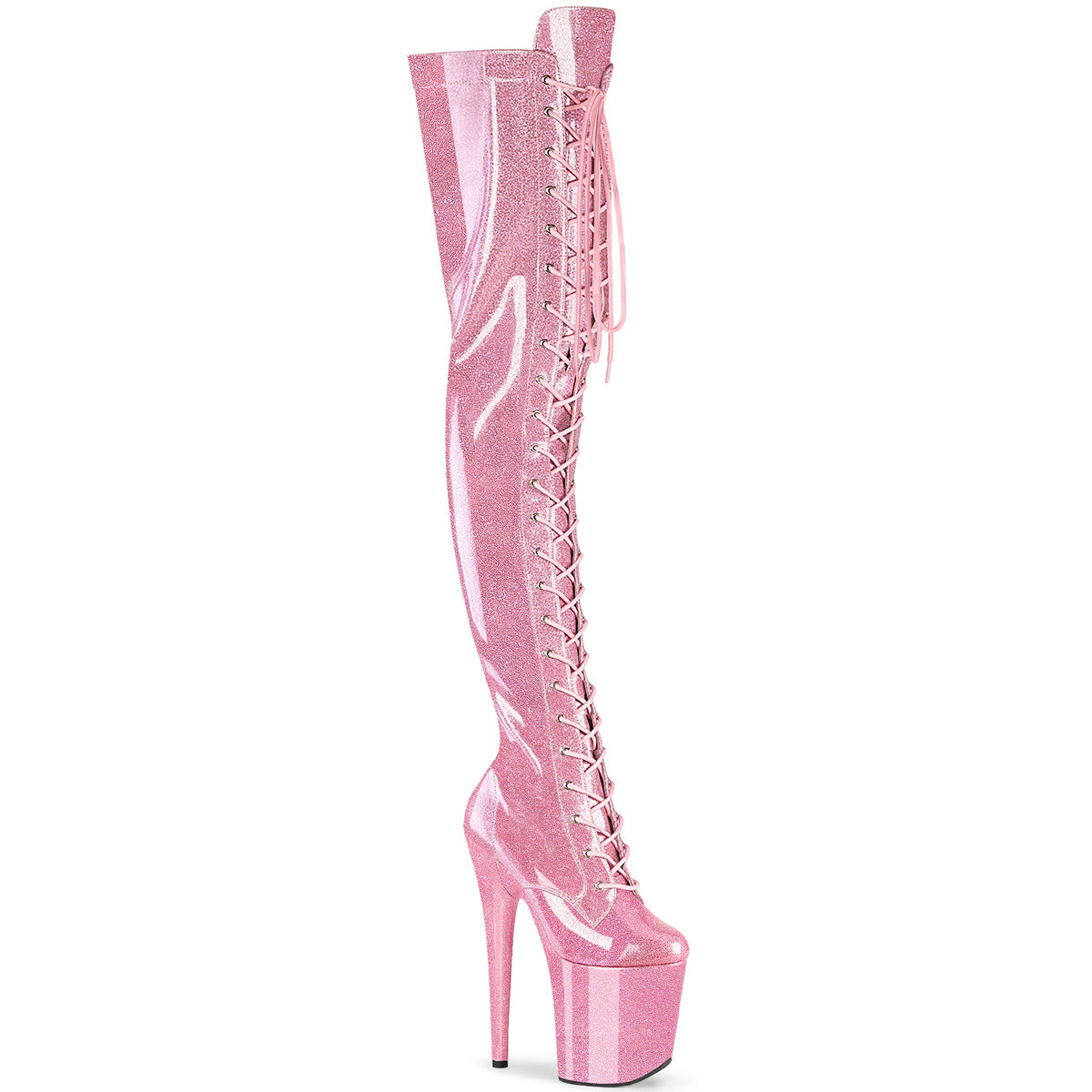 FLAMINGO-3020GP Pleaser Baby Pink Glitter 8 Inch Dancer Platform Thigh High boots B. Pink Glitter Pat M