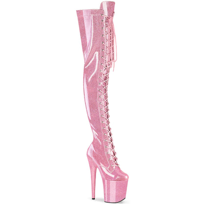 Pleaser FLAMINGO-3020GP Baby Pink Glitter Lace-Up Platform Thigh High Boots - 8 Inch Heels