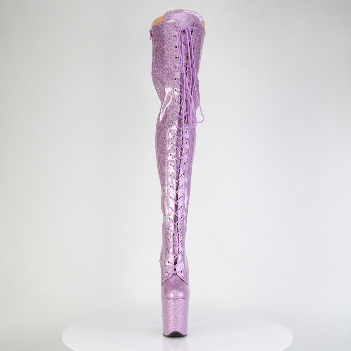 Pleaser FLAMINGO-3020GP Lilac Glitter Lace-Up Platform Thigh High Boots - 8 Inch Heels