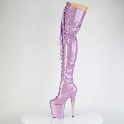 Pleaser FLAMINGO-3020GP Lilac Glitter Lace-Up Platform Thigh High Boots - 8 Inch Heels