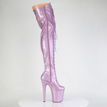Pleaser FLAMINGO-3020GP Lilac Glitter Lace-Up Platform Thigh High Boots - 8 Inch Heels