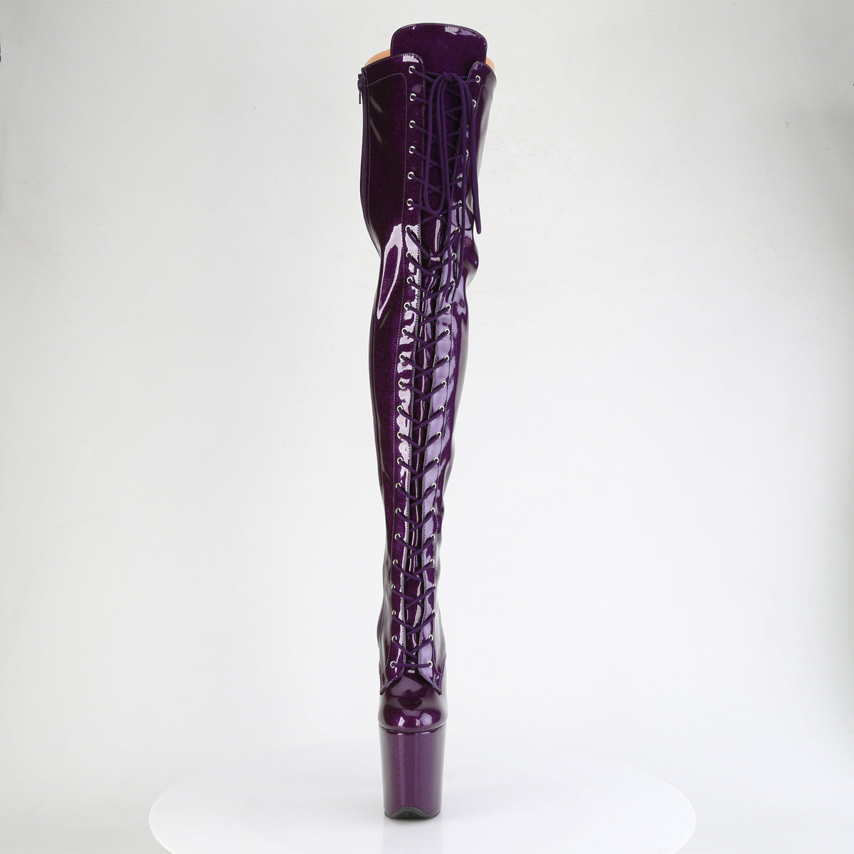 Pleaser FLAMINGO-3020GP Purple Glitter Lace-Up Platform Thigh High Boots - 8 Inch Heels