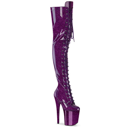 Pleaser FLAMINGO-3020GP Purple Glitter Lace-Up Platform Thigh High Boots - 8 Inch Heels