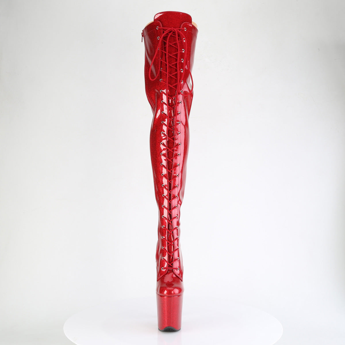 Pleaser FLAMINGO-3020GP Red Glitter Lace-Up Platform Thigh High Boots - 8 Inch Heels