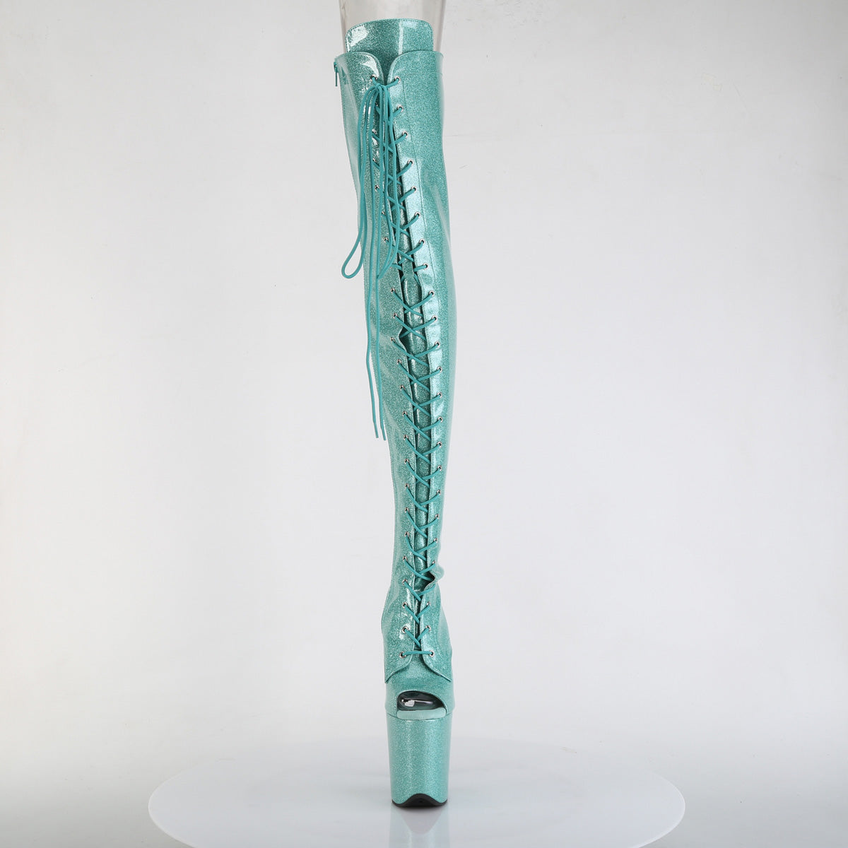 Pleaser FLAMINGO-3021GP Aqua Glitter Lace-Up Peep Toe Platform Thigh High Boots - 8 Inch Heels