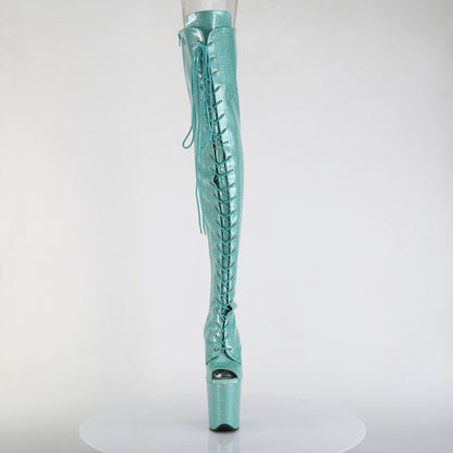 Pleaser FLAMINGO-3021GP Aqua Glitter Lace-Up Peep Toe Platform Thigh High Boots - 8 Inch Heels