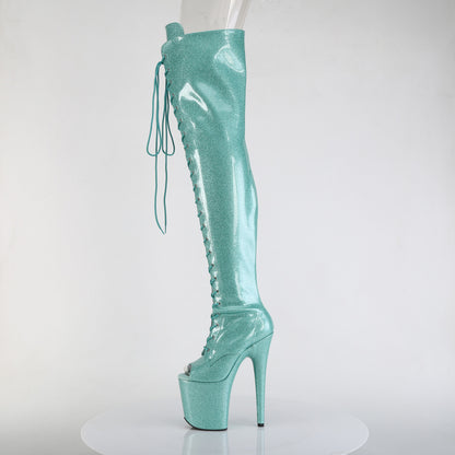 Pleaser FLAMINGO-3021GP Aqua Glitter Lace-Up Peep Toe Platform Thigh High Boots - 8 Inch Heels