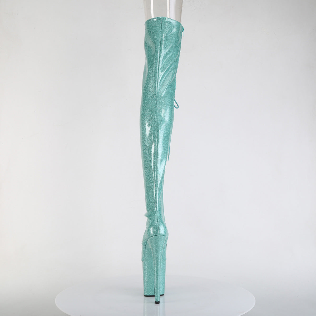 Pleaser FLAMINGO-3021GP Aqua Glitter Lace-Up Peep Toe Platform Thigh High Boots - 8 Inch Heels