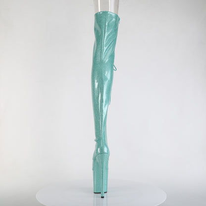 Pleaser FLAMINGO-3021GP Aqua Glitter Lace-Up Peep Toe Platform Thigh High Boots - 8 Inch Heels