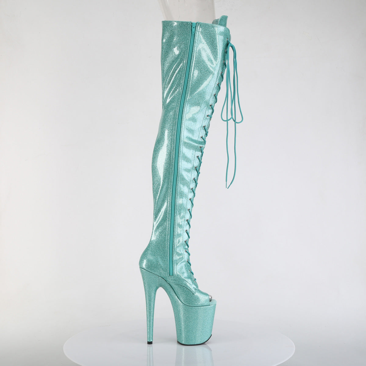Pleaser FLAMINGO-3021GP Aqua Glitter Lace-Up Peep Toe Platform Thigh High Boots - 8 Inch Heels