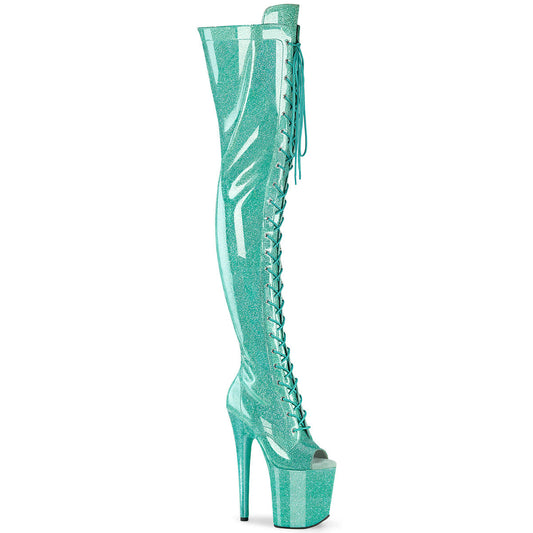 FLAMINGO-3021GP Pleaser Aqua Glitter Pole Dancing Thigh High Boots