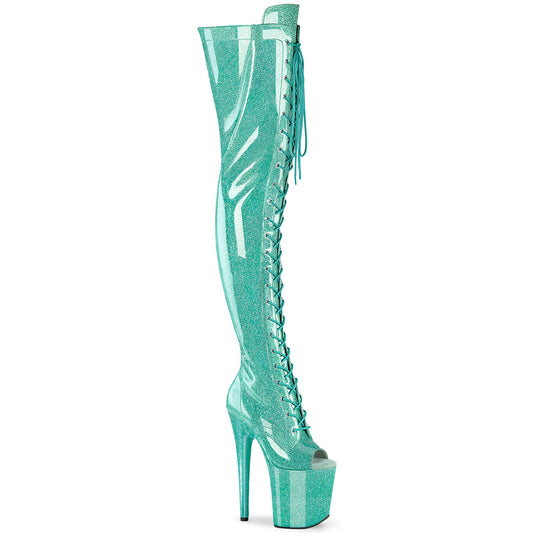 Pleaser FLAMINGO-3021GP Aqua Glitter Lace-Up Peep Toe Platform Thigh High Boots - 8 Inch Heels
