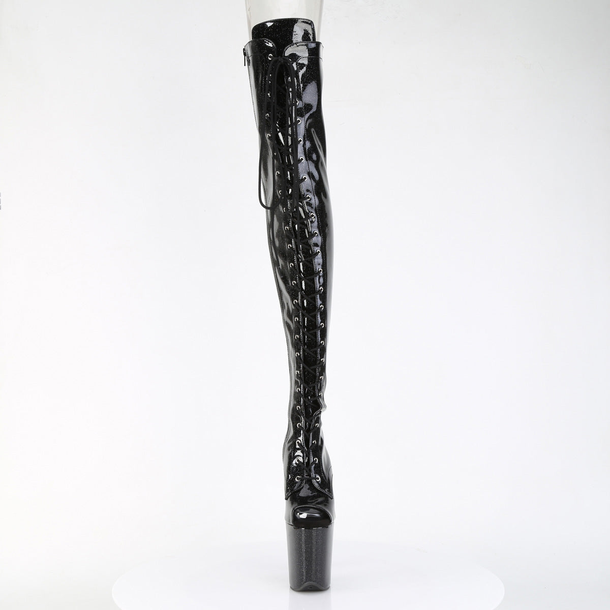 Pleaser FLAMINGO-3021GP Black Glitter Lace-Up Peep Toe Platform Thigh High Boots - 8 Inch Heels