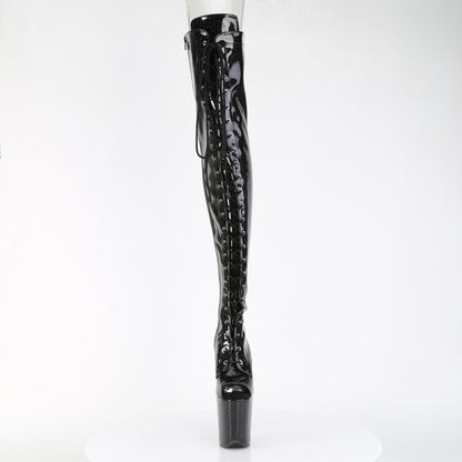 Pleaser FLAMINGO-3021GP Black Glitter Lace-Up Peep Toe Platform Thigh High Boots - 8 Inch Heels