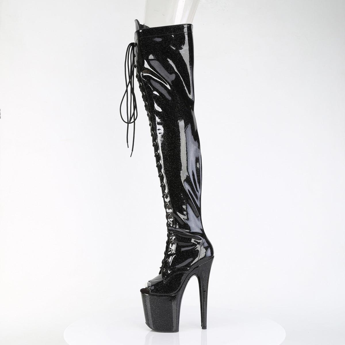 Pleaser FLAMINGO-3021GP Black Glitter Lace-Up Peep Toe Platform Thigh High Boots - 8 Inch Heels