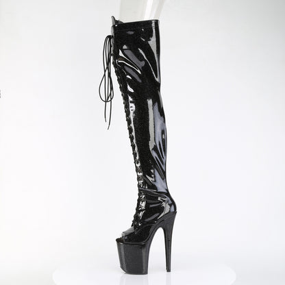 Pleaser FLAMINGO-3021GP Black Glitter Lace-Up Peep Toe Platform Thigh High Boots - 8 Inch Heels
