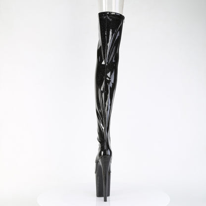 Pleaser FLAMINGO-3021GP Black Glitter Lace-Up Peep Toe Platform Thigh High Boots - 8 Inch Heels