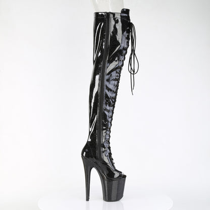 Pleaser FLAMINGO-3021GP Black Glitter Lace-Up Peep Toe Platform Thigh High Boots - 8 Inch Heels