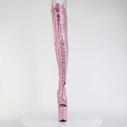 Pleaser FLAMINGO-3021GP Baby Pink Glitter Lace-Up Peep Toe Platform Thigh High Boots - 8 Inch Heels