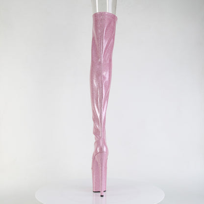 Pleaser FLAMINGO-3021GP Baby Pink Glitter Lace-Up Peep Toe Platform Thigh High Boots - 8 Inch Heels