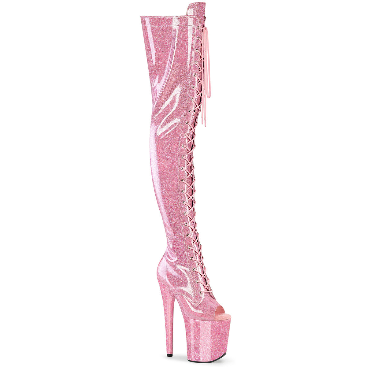 FLAMINGO-3021GP Pleaser Baby Pink Glitter 8 Inch Dancer Platform Thigh High boots B. Pink Glitter Pat M