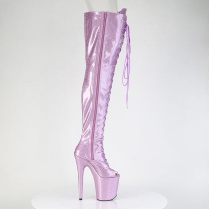 Pleaser FLAMINGO-3021GP Lilac Glitter Lace-Up Peep Toe Platform Thigh High Boots - 8 Inch Heels