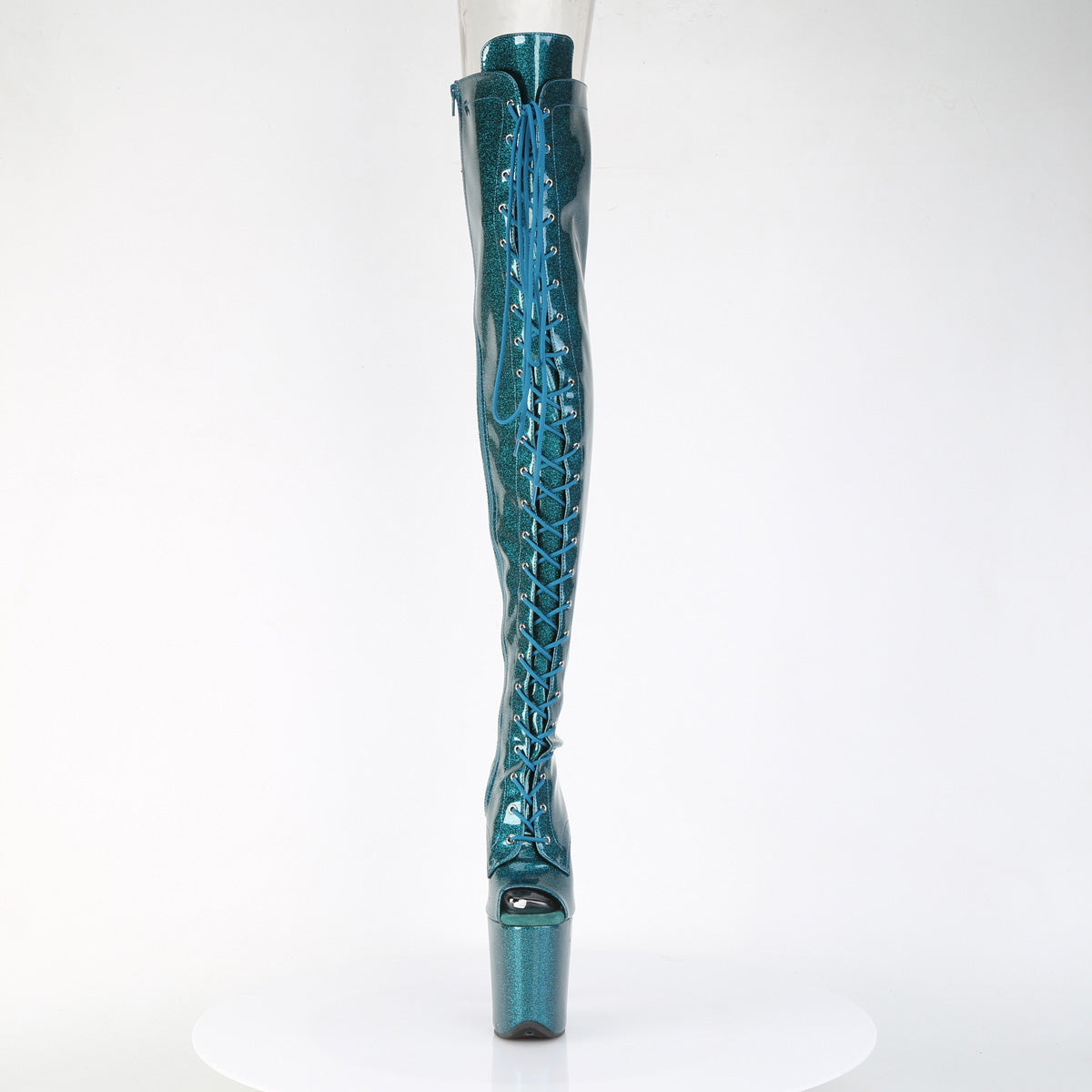 FLAMINGO-3021GP Pleaser Teal Glitter 8 Inch Platform Pole Thigh Length Boots