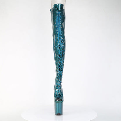 FLAMINGO-3021GP Pleaser Teal Glitter 8 Inch Platform Pole Thigh Length Boots