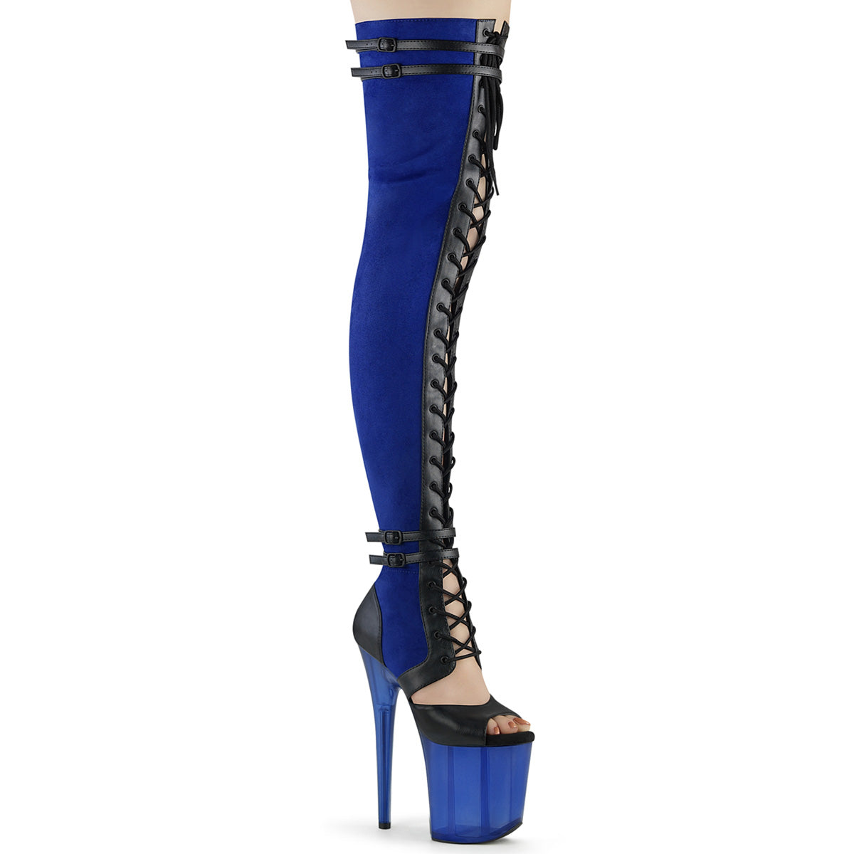 FLAMINGO-3027 Pleaser Blue 8 Inch Pole Heels Thigh Length Boots