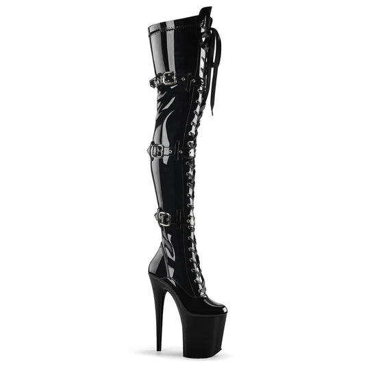 FLAMINGO-3028 Pleaser Black Patent 8 Inch Exotic Dancer Thigh High boots