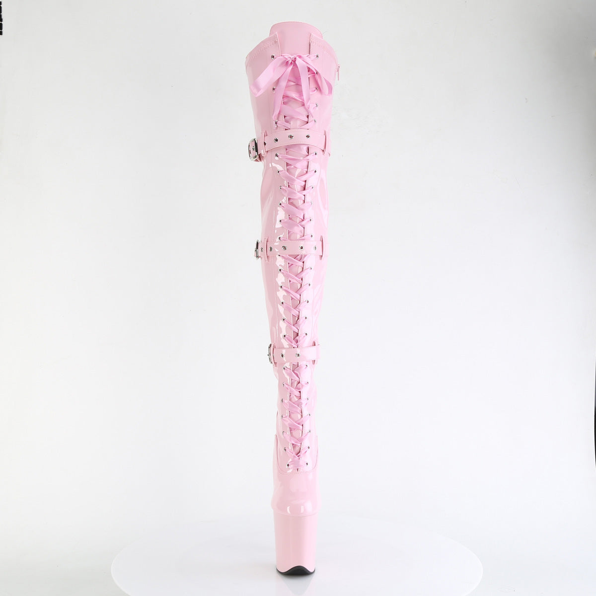 Pleaser FLAMINGO-3028 Baby Pink Lace-Up Platform Thigh High Boots - 8 Inch Heels