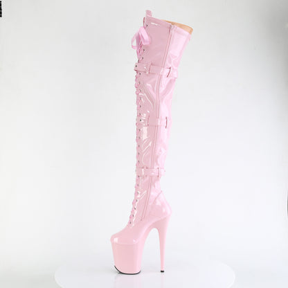 Pleaser FLAMINGO-3028 Baby Pink Lace-Up Platform Thigh High Boots - 8 Inch Heels