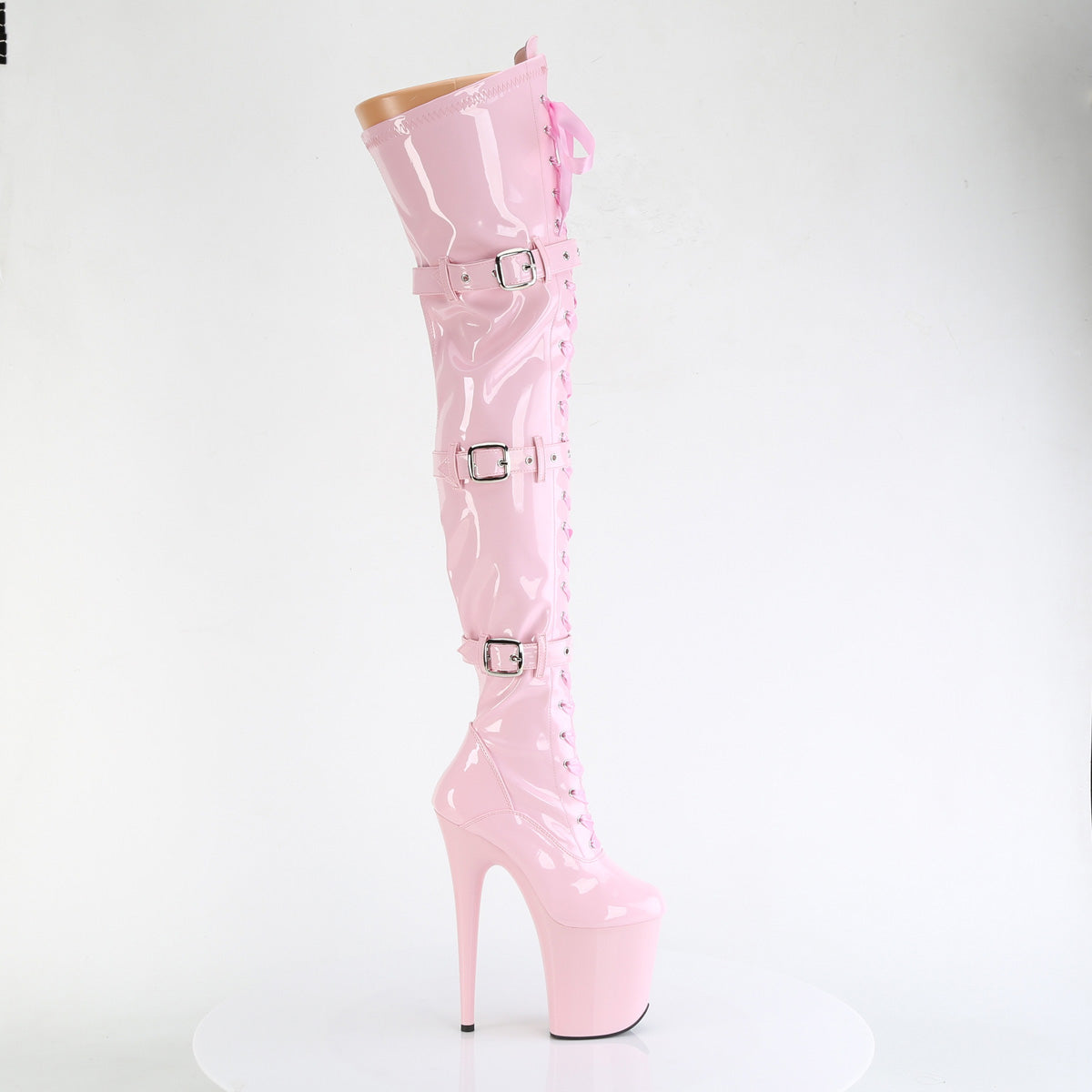 Pleaser FLAMINGO-3028 Baby Pink Lace-Up Platform Thigh High Boots - 8 Inch Heels