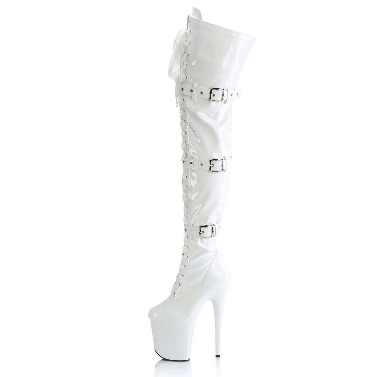 Pleaser FLAMINGO-3028 White Lace-Up Platform Thigh High Boots - 8 Inch Heels