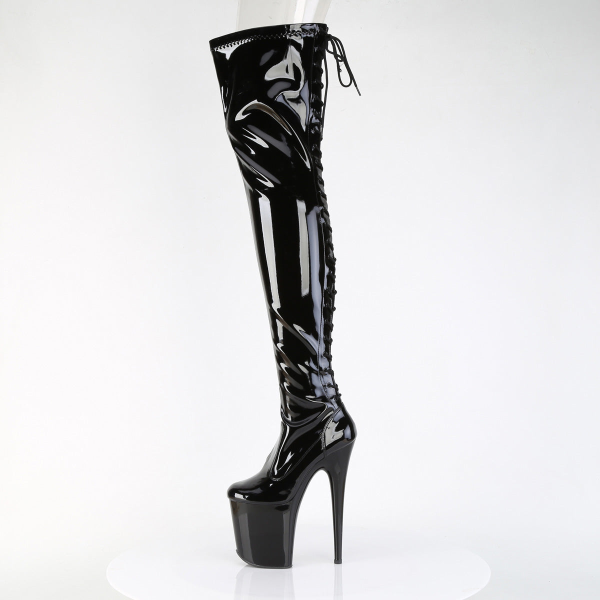 FLAMINGO-3850 Pleaser Black Patent 8 Inch Strippers Thigh High boots