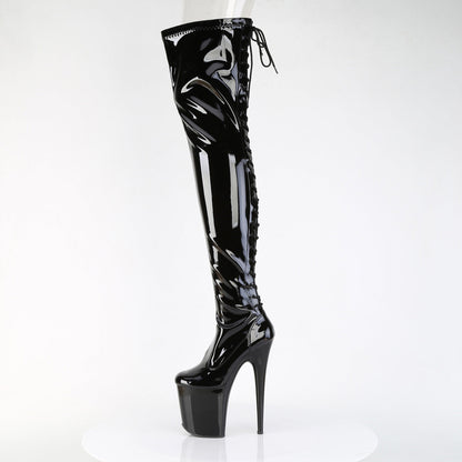 FLAMINGO-3850 Pleaser Black Patent 8 Inch Strippers Thigh High boots