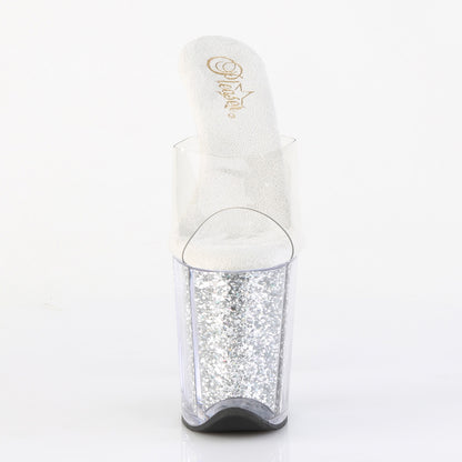 Pleaser FLAMINGO-801G Clear / Silver Multicolour Glitter Glitter Platform Mules - 8 Inch Heels
