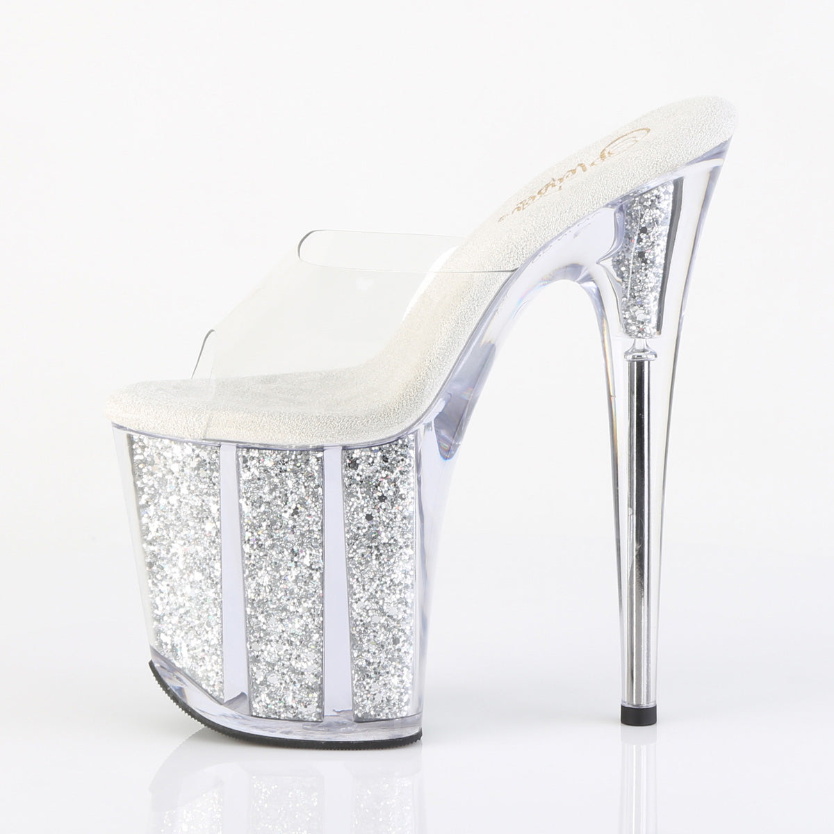 Pleaser FLAMINGO-801G Clear / Silver Multicolour Glitter Glitter Platform Mules - 8 Inch Heels
