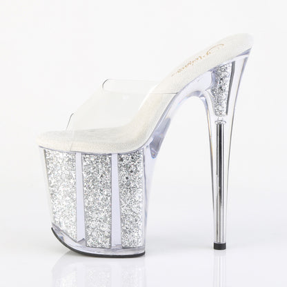 Pleaser FLAMINGO-801G Clear / Silver Multicolour Glitter Glitter Platform Mules - 8 Inch Heels