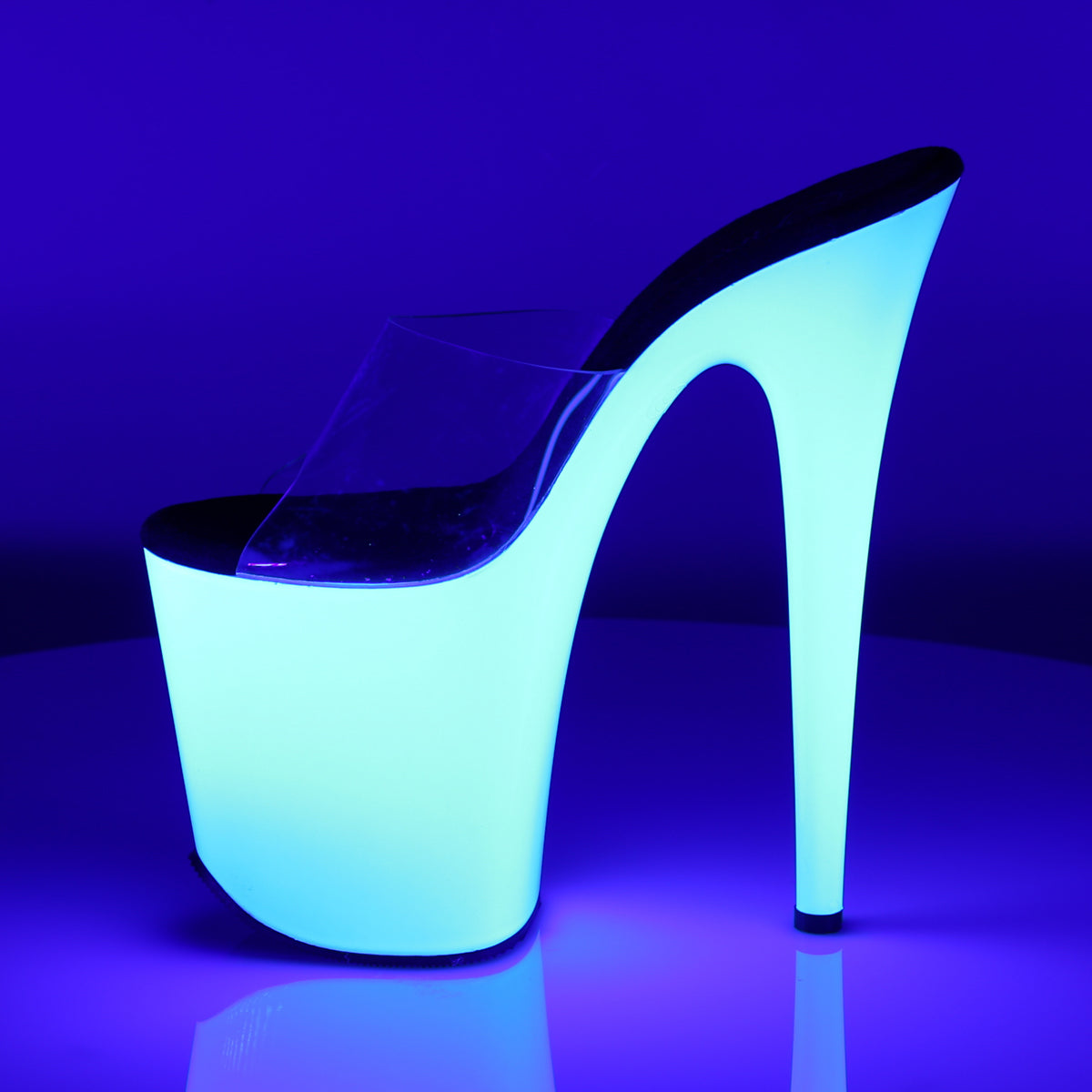 Pleaser FLAMINGO-801UV Clear / Neon White Platform Mules - 8 Inch Heels