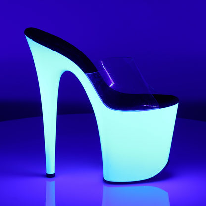 Pleaser FLAMINGO-801UV Clear / Neon White Platform Mules - 8 Inch Heels